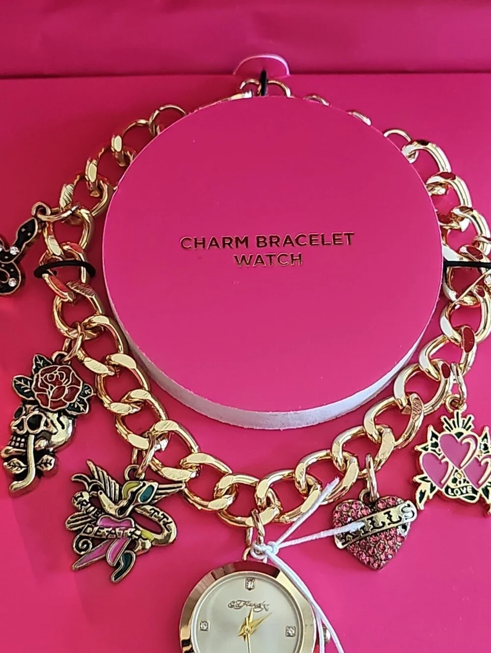 Ed Hardy  Nwt Gold Charm Bracelet Watch with Pink Enamel Accents